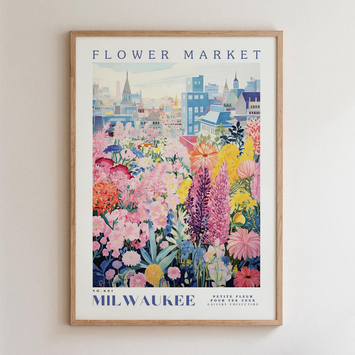 The image is a framed poster depicting a vibrant and colorful flower market in Milwaukee, Wisconsin.