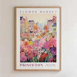 The image is a framed poster depicting a colorful and vibrant flower market in Princeton, New Jersey.