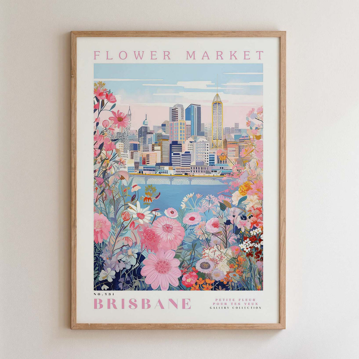 The image is a framed poster depicting a cityscape with a flower market in the foreground, featuring a variety of colorful flowers and plants.