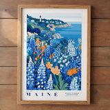 A framed illustration of a coastal landscape with a lighthouse, featuring a variety of colorful flowers and plants in the foreground.