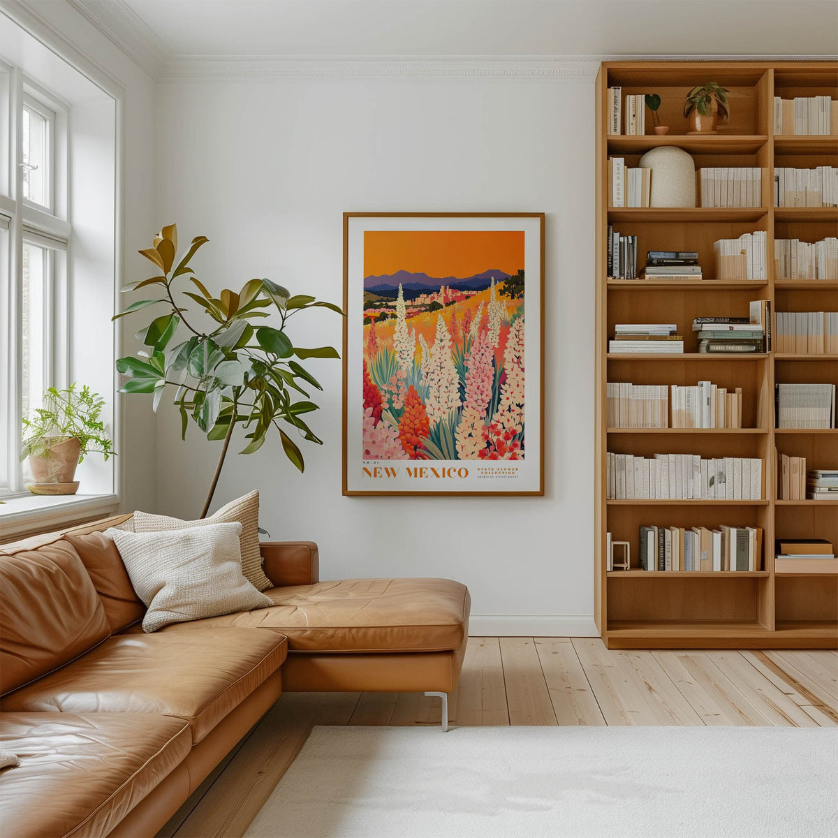 a cozy living room with a large bookshelf filled with books, a comfortable leather couch, and a framed poster of a field of flowers hanging on the wall.