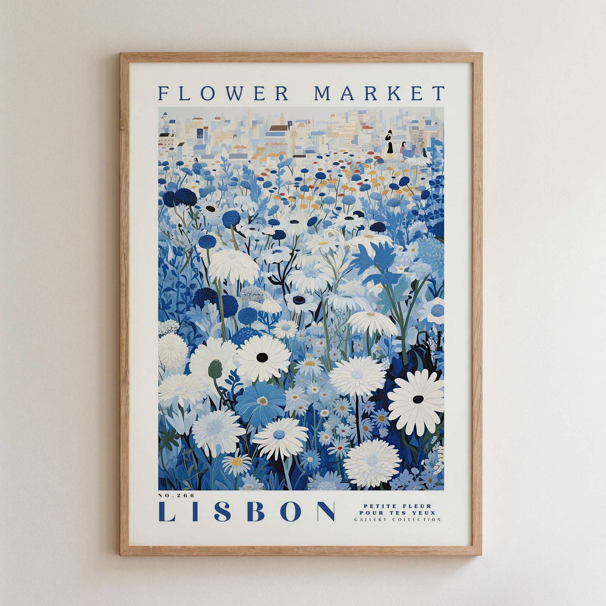 The image is a framed poster depicting a field of flowers, with the text "FLOWER MARKET" and "No. 200 LISBON PÉTITE FLUER GALLERY COLLECTION" printed on it.