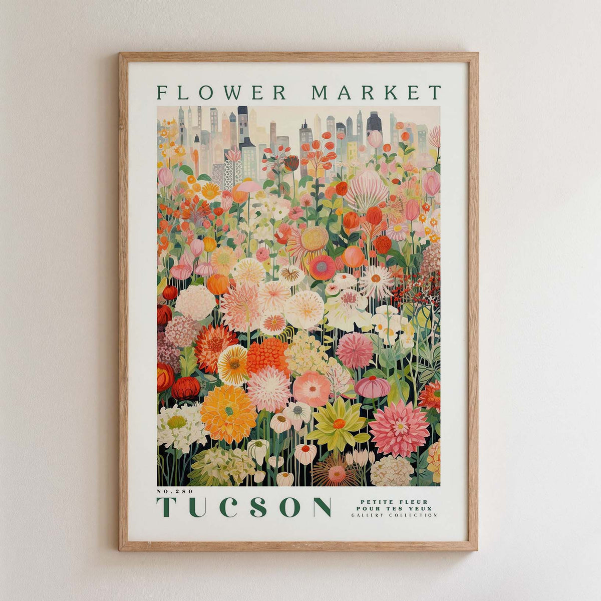 The image is a framed poster depicting a vibrant and colorful flower market in Tucson, Arizona.