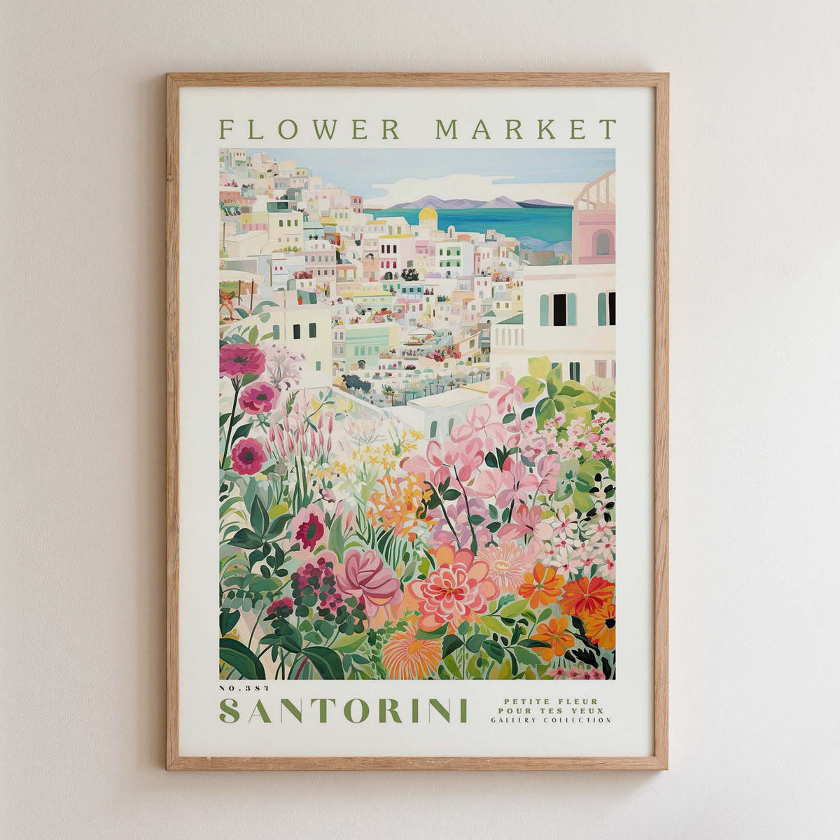 The image is a framed poster depicting a colorful and vibrant flower market in Santorini, Greece.