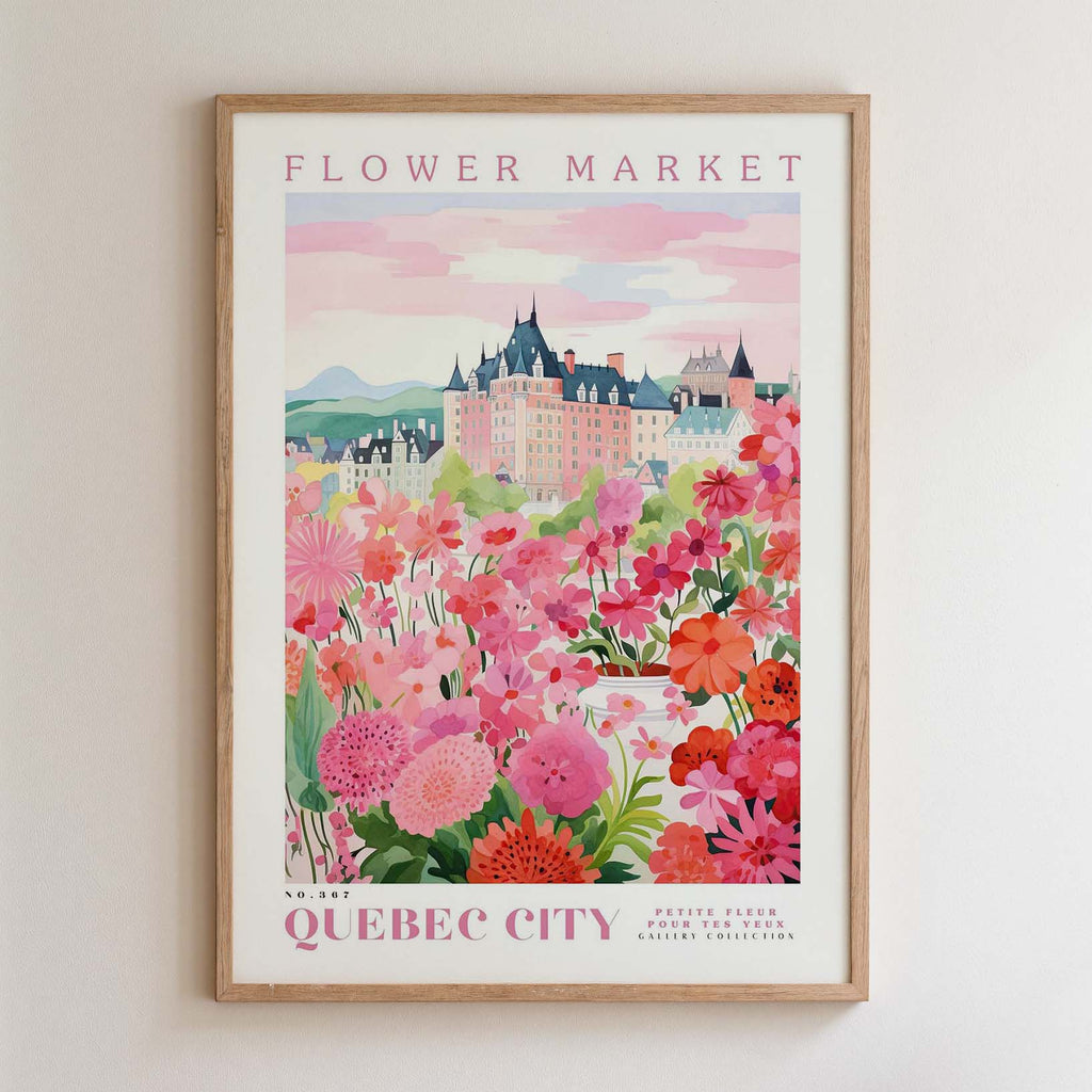The image is a framed poster depicting a colorful and vibrant flower market in Quebec City, Canada.