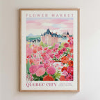 The image is a framed poster depicting a colorful and vibrant flower market in Quebec City, Canada.