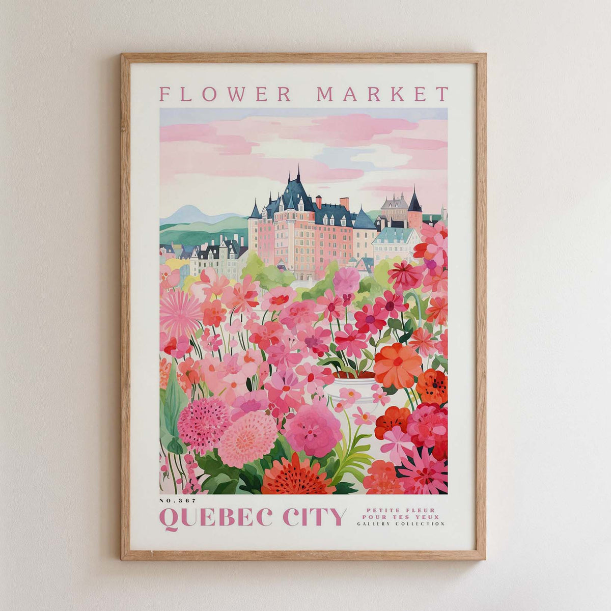The image is a framed poster depicting a colorful and vibrant flower market in Quebec City, Canada.