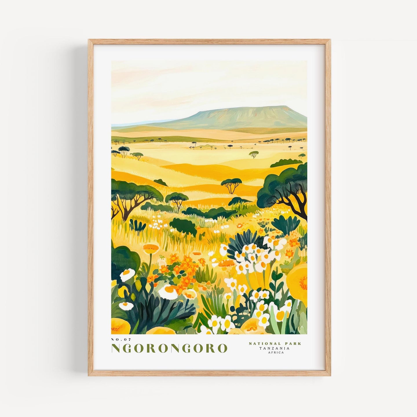 The image is a framed print depicting a scenic landscape with a field of flowers and trees, with a mountain in the background.