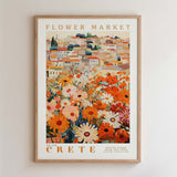 The image is a framed poster depicting a vibrant and colorful flower market in Crete, Greece.