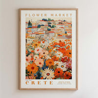 The image is a framed poster depicting a vibrant and colorful flower market in Crete, Greece.
