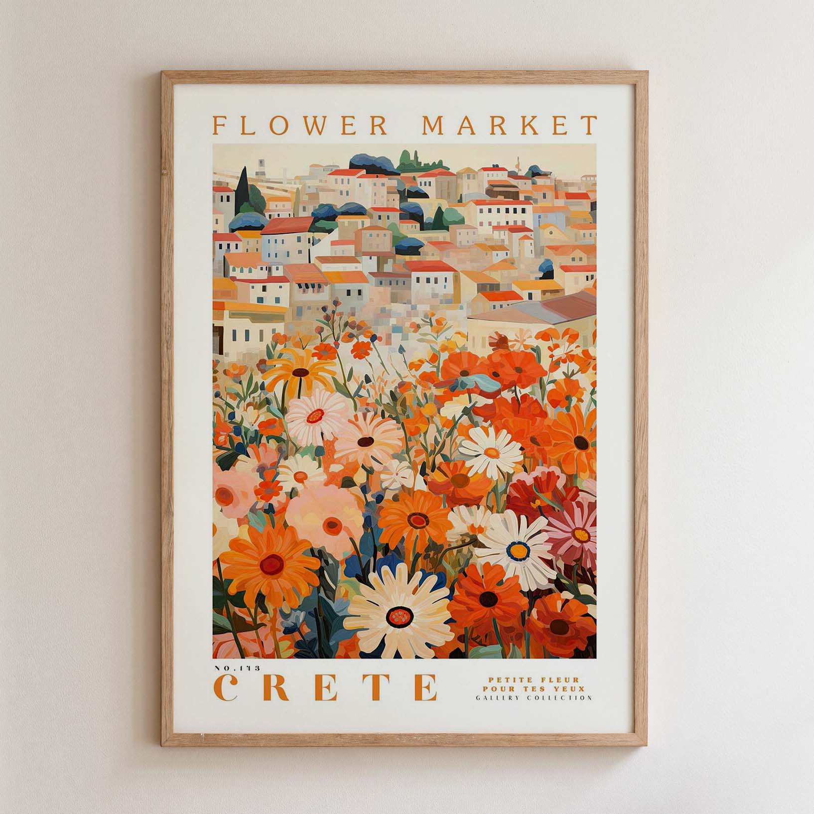 The image is a framed poster depicting a vibrant and colorful flower market in Crete, Greece.