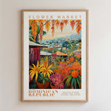 The image is a framed poster depicting a vibrant and colorful scene from the Dominican Republic's flower market.