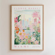 The image is a framed poster depicting a vibrant and colorful scene of a flower market in Miami, Florida.