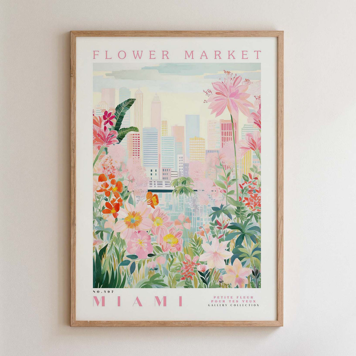 The image is a framed poster depicting a vibrant and colorful scene of a flower market in Miami, Florida.