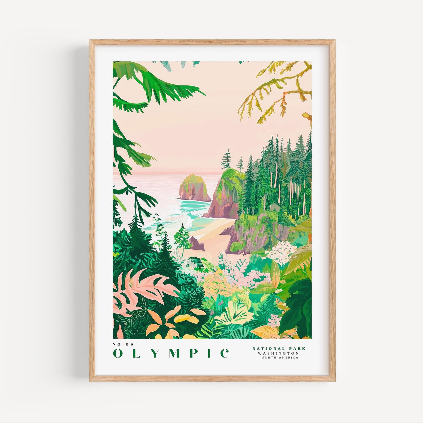 The image is a framed poster depicting a tropical landscape with lush vegetation, palm trees, and a body of water in the distance.