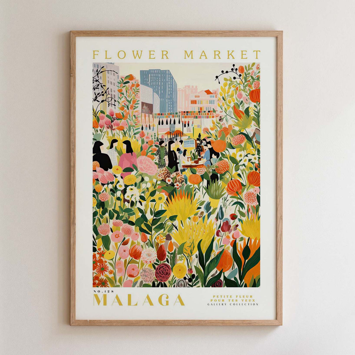 The image is a framed poster depicting a vibrant and colorful flower market in Malaga, Spain.