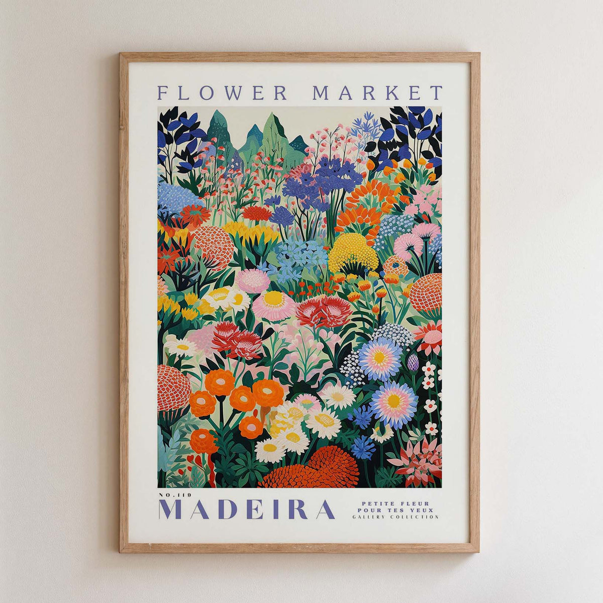 The image is a framed poster depicting a vibrant and colorful garden filled with various flowers and plants.