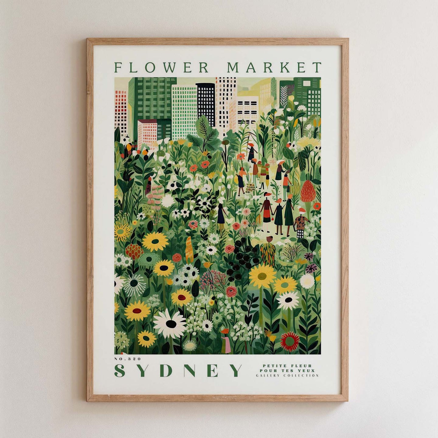 The image is a framed poster depicting a vibrant and colorful flower market in Sydney, Australia.