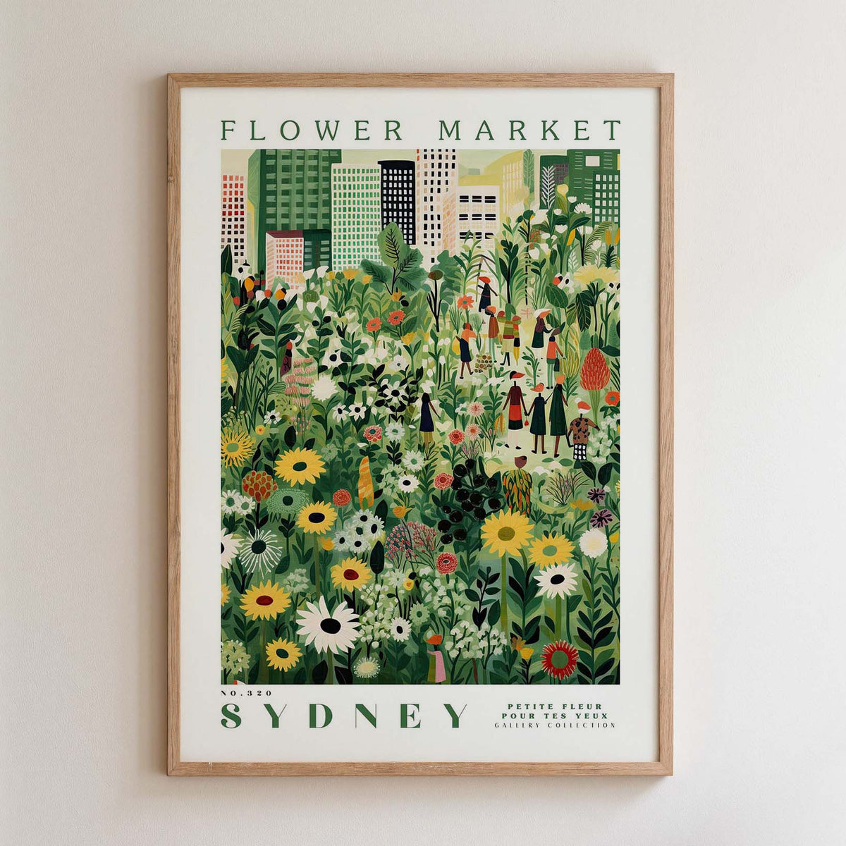 The image is a framed poster depicting a vibrant and colorful flower market in Sydney, Australia.