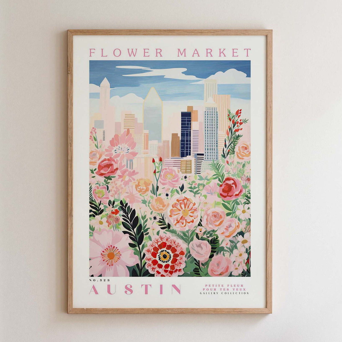 The image is a framed poster depicting a cityscape with a flower market in the background.