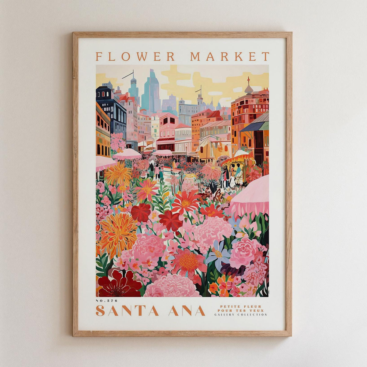 The image is a framed poster depicting a vibrant and colorful flower market in Santa Ana, California.