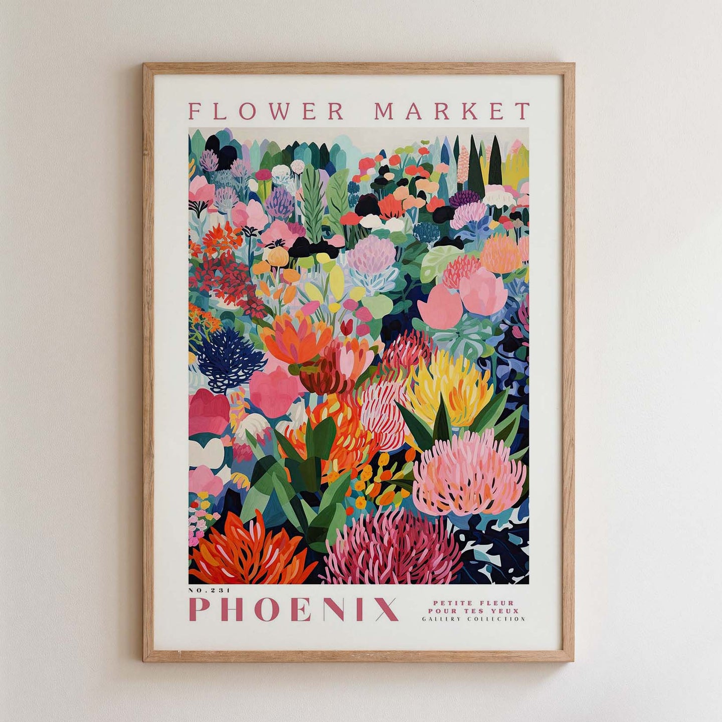 The image is a framed poster of a vibrant and colorful floral market, featuring a variety of flowers and plants in different shapes, sizes, and colors.