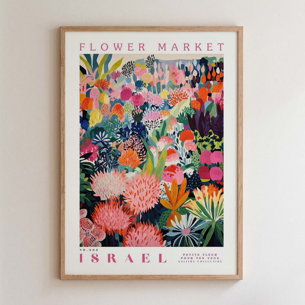 The image is a framed poster depicting a vibrant and colorful floral scene, likely from a flower market in Israel.