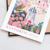 The image is a poster or artwork featuring a colorful illustration of a cityscape with buildings, flowers, and a dome-shaped structure.