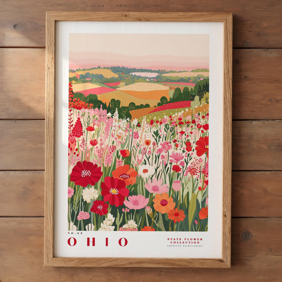The image is a framed poster depicting a vibrant field of flowers, with the text "OHIO" prominently displayed.