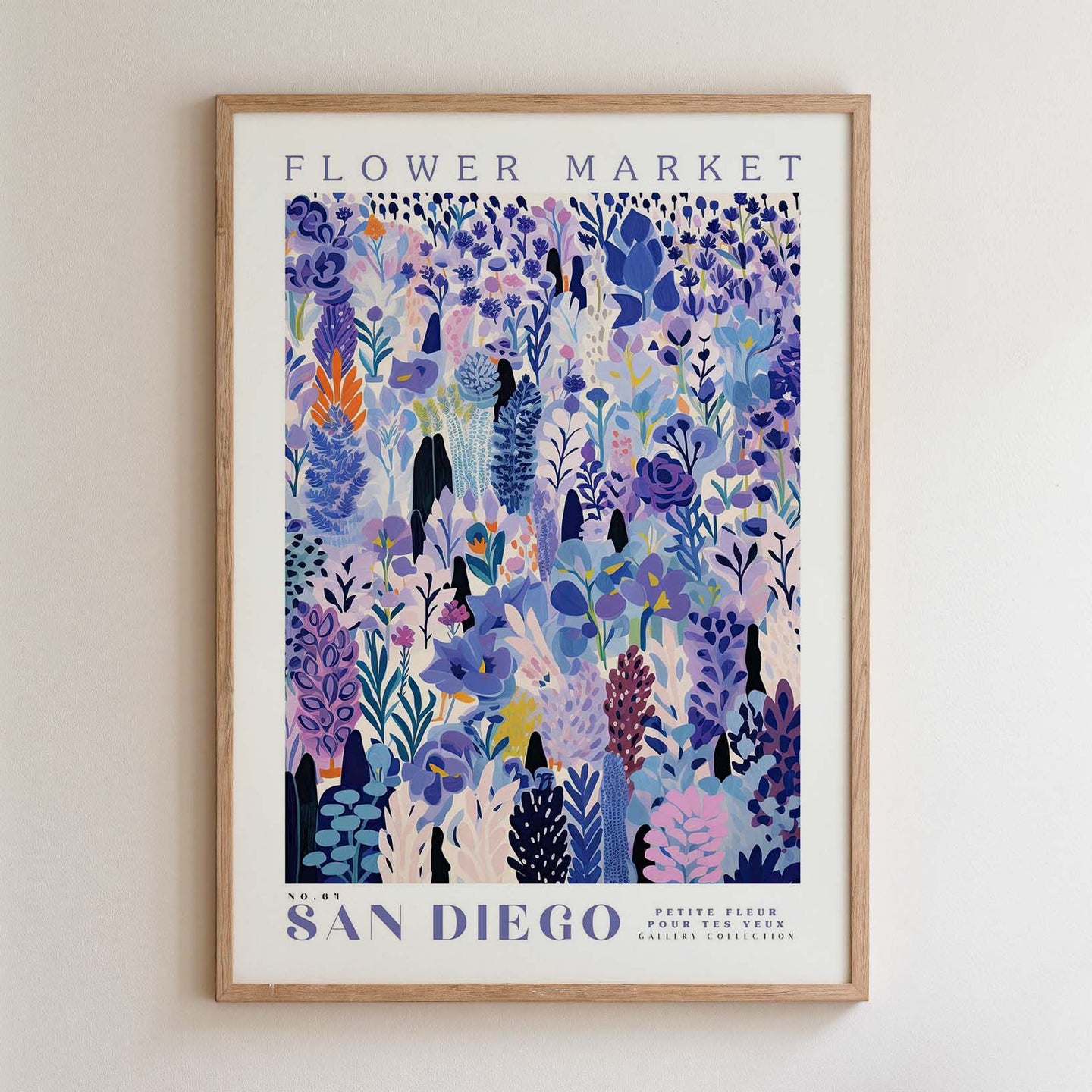 The image is a framed poster of a flower market in San Diego, featuring a vibrant and colorful illustration of various flowers and plants.