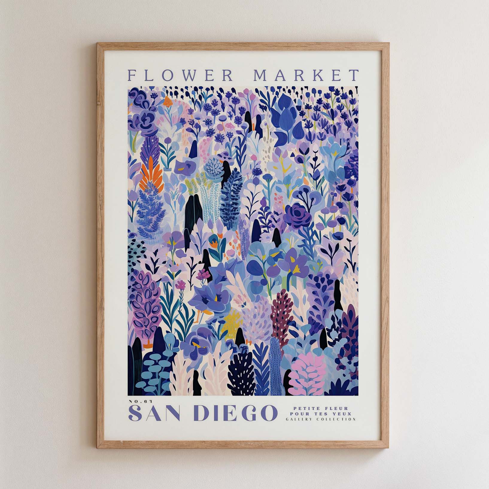 The image is a framed poster of a flower market in San Diego, featuring a vibrant and colorful illustration of various flowers and plants.
