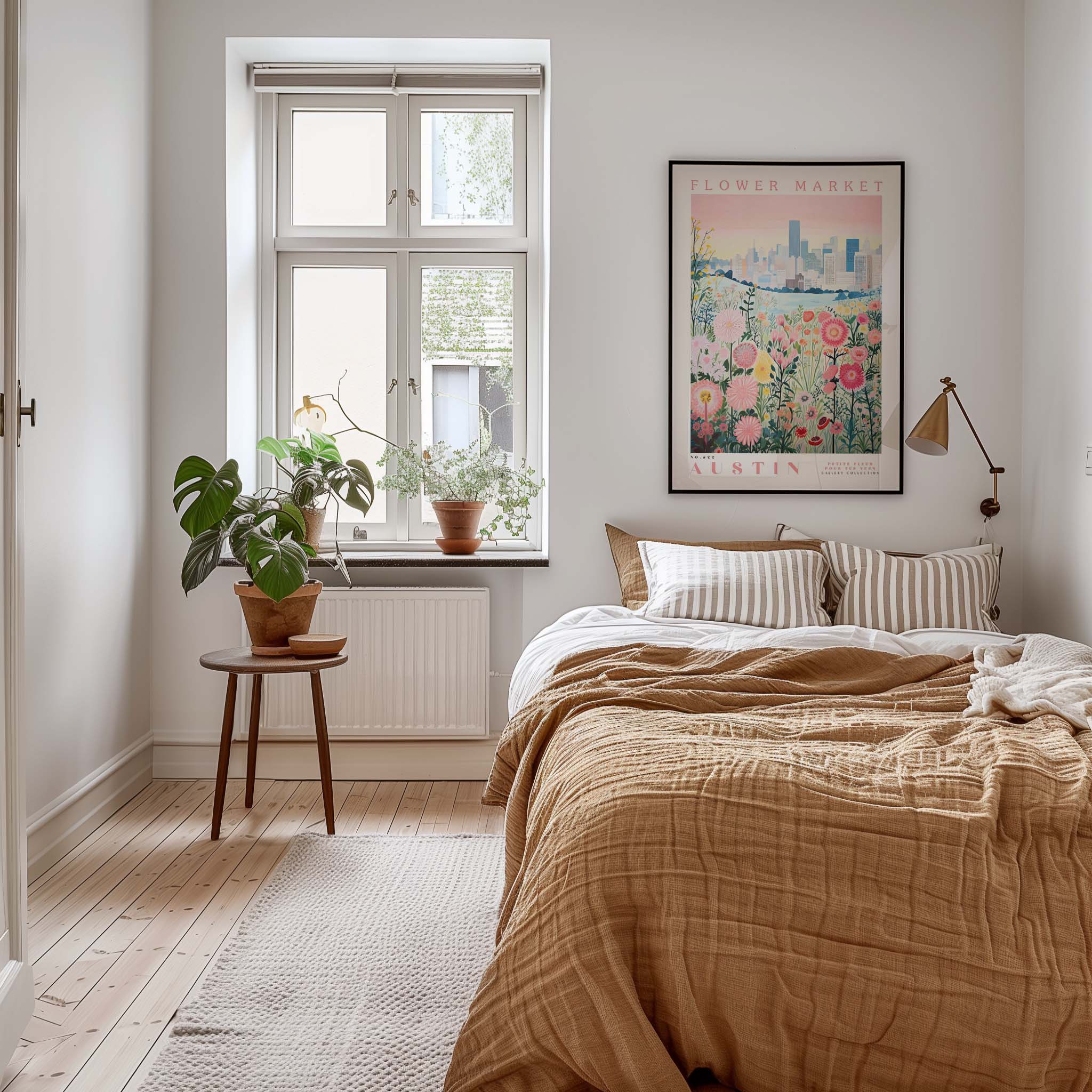A cozy bedroom with a large bed, a nightstand with a plant, and a framed poster of a flower market in Austin.