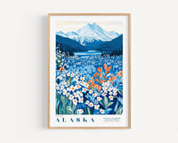 A framed poster depicting a scenic landscape with a mountain range, a lake, and a field of colorful wildflowers.