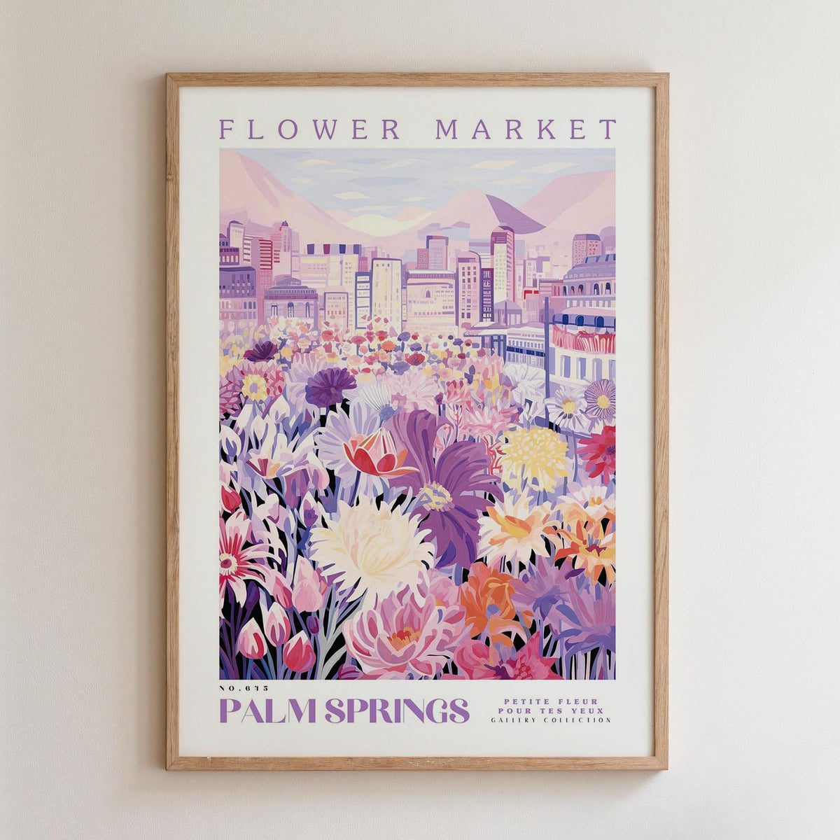 The image is a framed poster depicting a cityscape with a large flower field in the foreground.