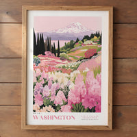 The image is a framed poster depicting a scenic landscape with a mountain in the background, a field of colorful flowers, and a forest in the foreground.