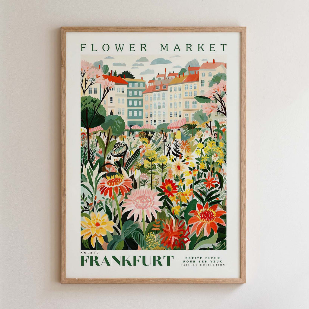 The image is a framed poster depicting a flower market in Frankfurt, Germany.