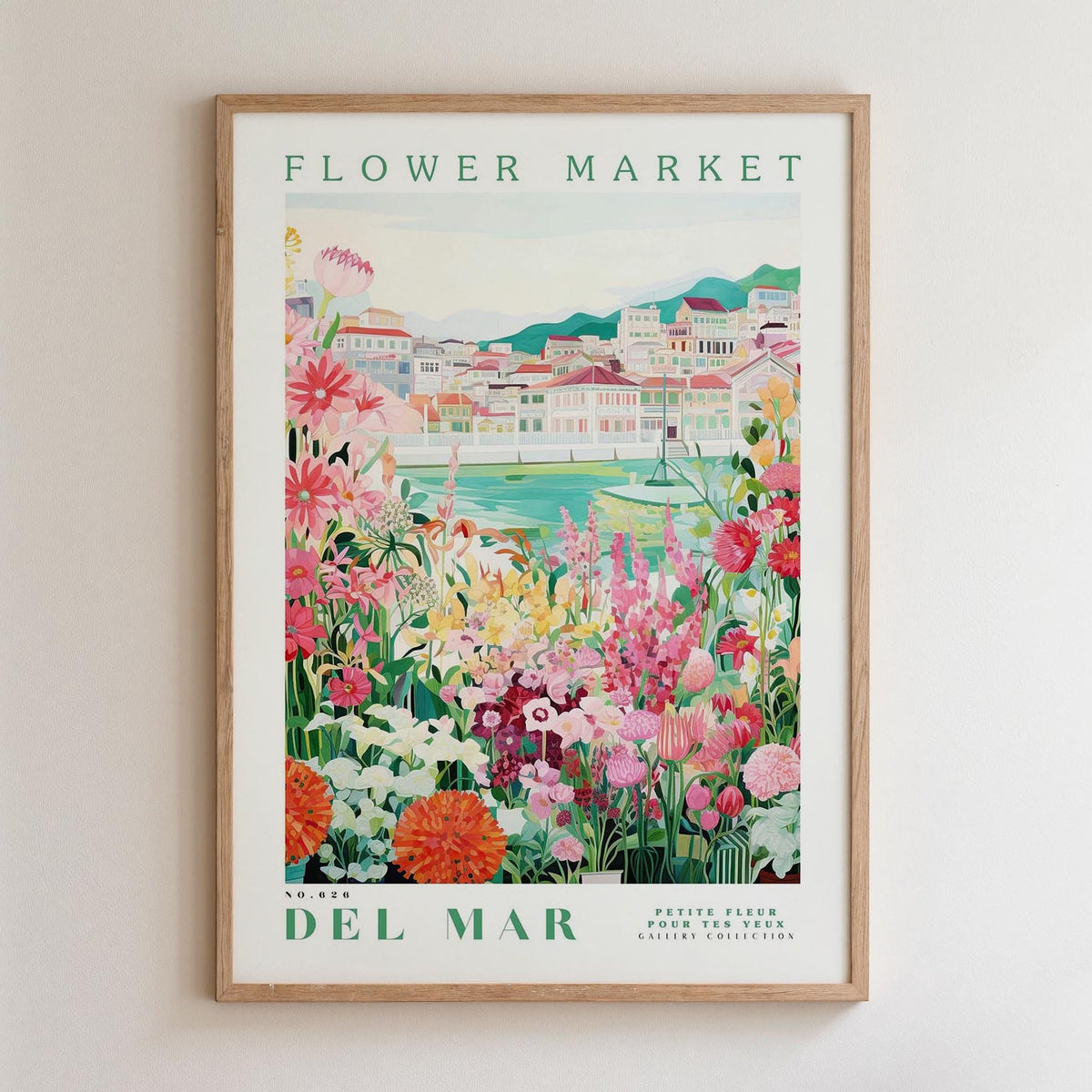 The image is a framed poster depicting a vibrant and colorful flower market in Del Mar, California.