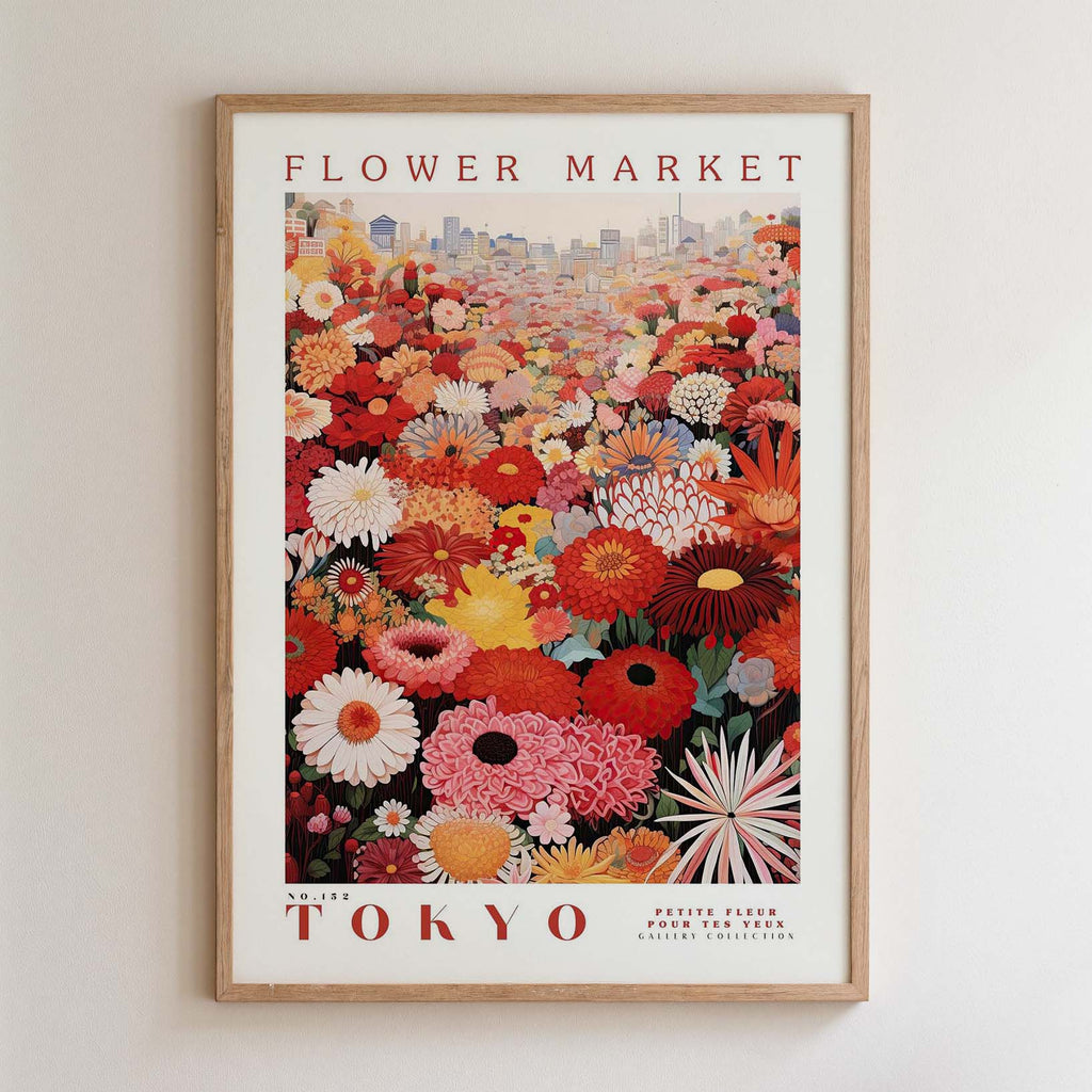 The image is a framed poster of a vibrant and colorful flower market in Tokyo, Japan.