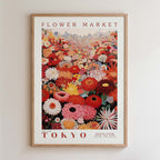 The image is a framed poster of a vibrant and colorful flower market in Tokyo, Japan.
