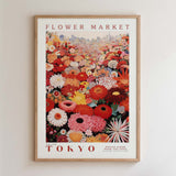 The image is a framed poster of a vibrant and colorful flower market in Tokyo, Japan.