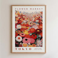 The image is a framed poster of a vibrant and colorful flower market in Tokyo, Japan.