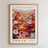 The image is a framed poster of a vibrant and colorful flower market in Tokyo, Japan.