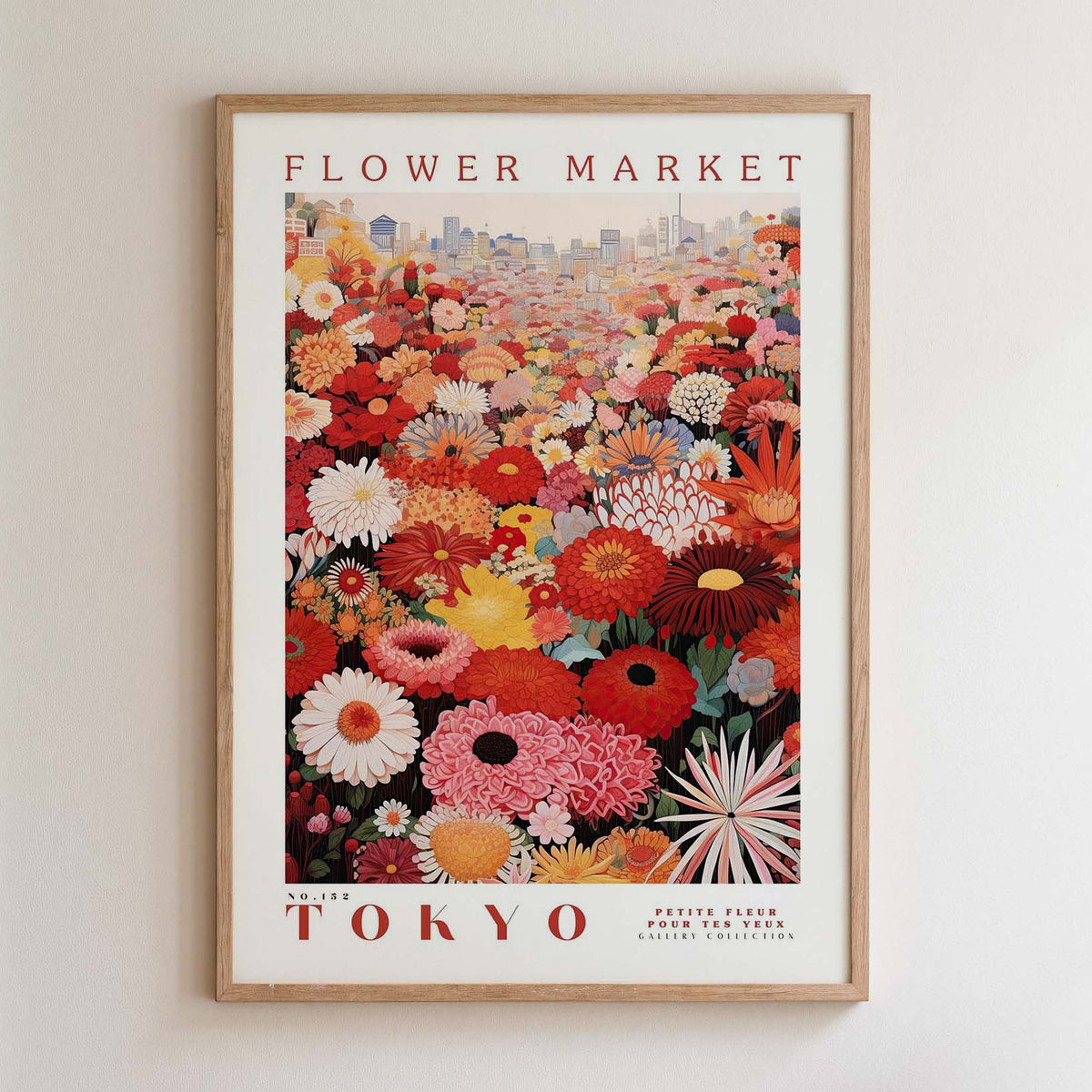 The image is a framed poster of a vibrant and colorful flower market in Tokyo, Japan.