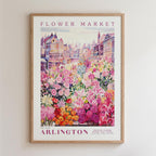 The image is a framed poster depicting a vibrant and colorful flower market in the city of Arlington, Virginia.