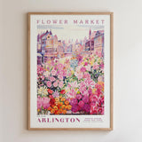 The image is a framed poster depicting a vibrant and colorful flower market in the city of Arlington, Virginia.