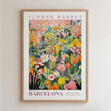 The image is a framed poster of a vibrant and colorful floral arrangement, depicting various flowers and plants in a lively and detailed manner.