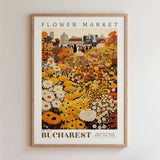 The image is a framed poster depicting a flower market in Bucharest, Romania.