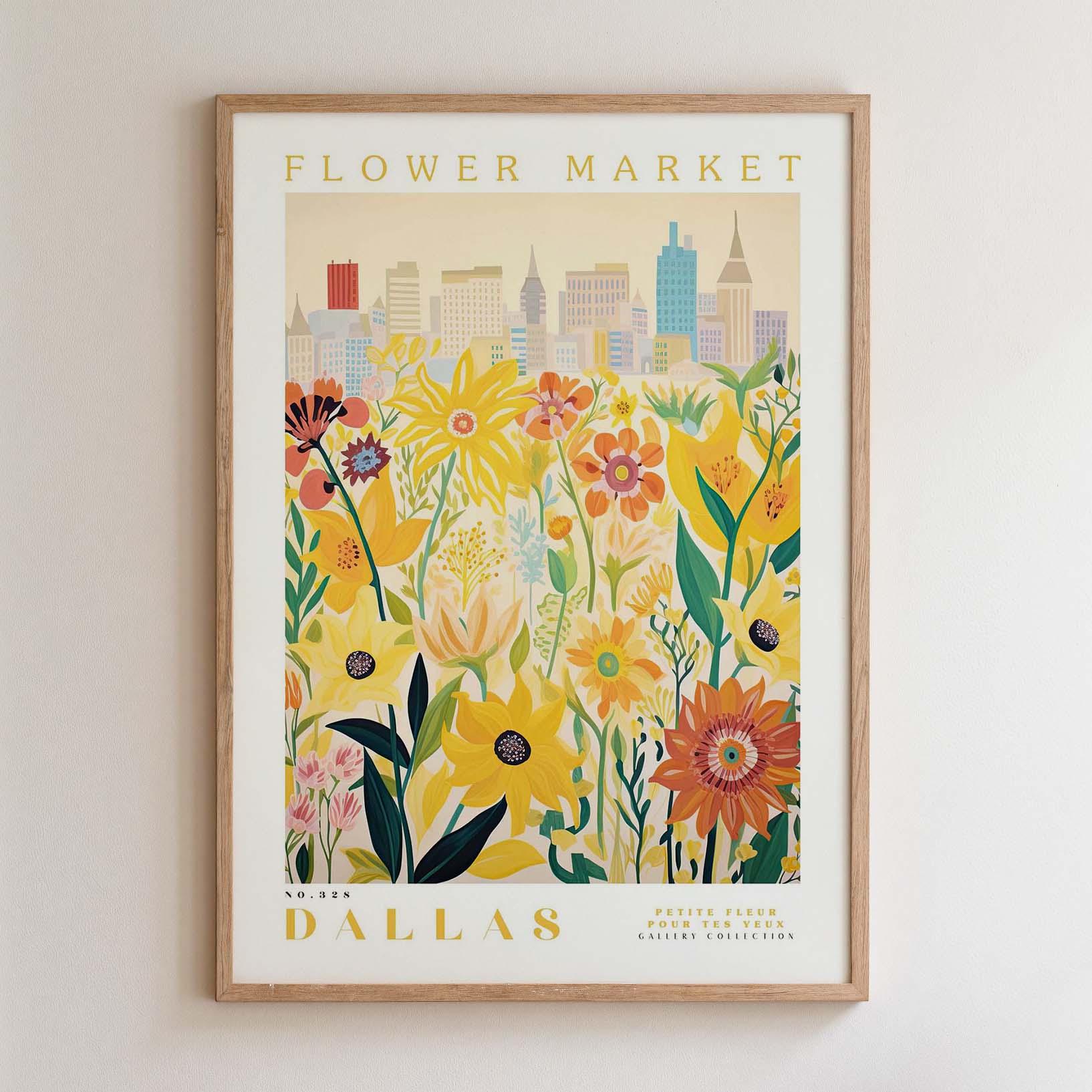 The image is a framed poster depicting a cityscape with a field of colorful flowers in the foreground.