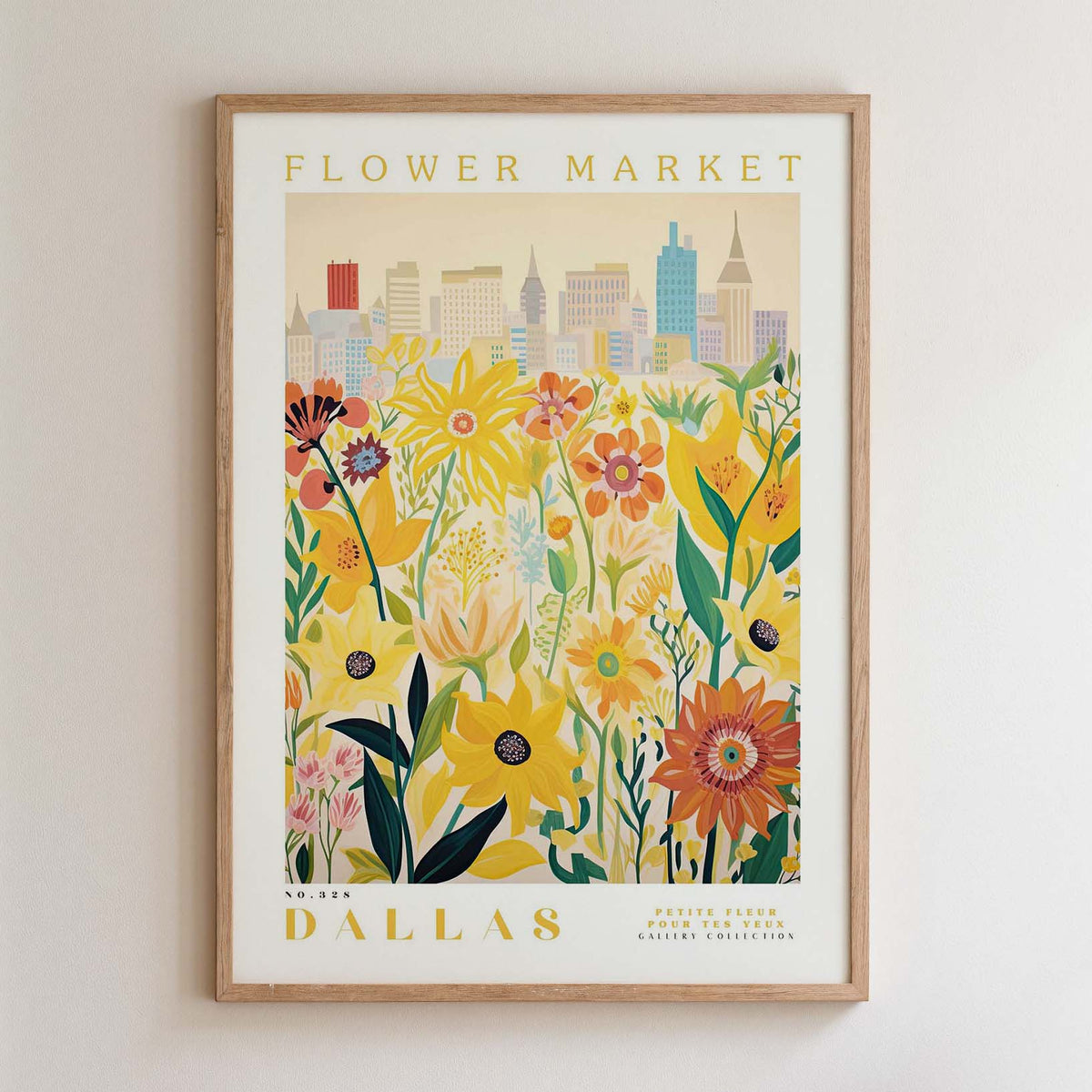 The image is a framed poster depicting a cityscape with a field of colorful flowers in the foreground.