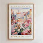 The image is a framed poster depicting a vibrant and colorful flower market in Bismarck, Germany.